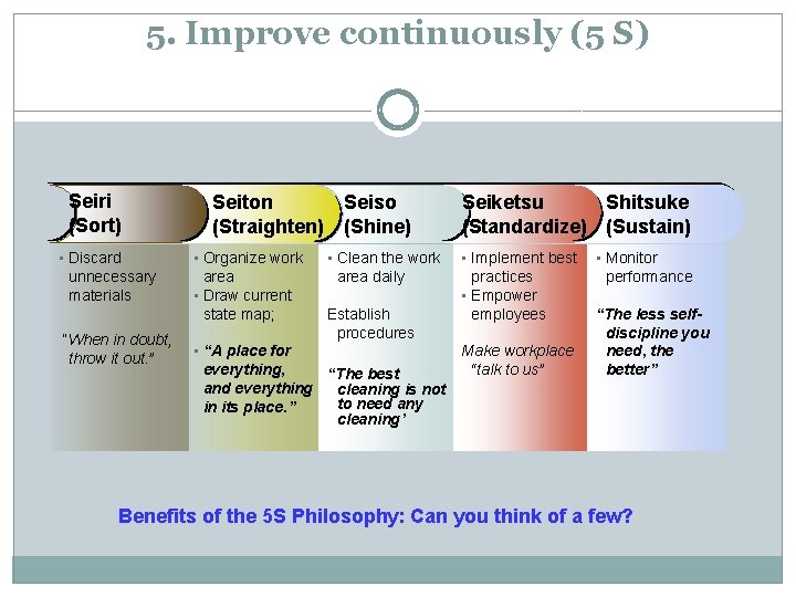 5. Improve continuously (5 S) Seiri (Sort) • Discard unnecessary materials “When in doubt,