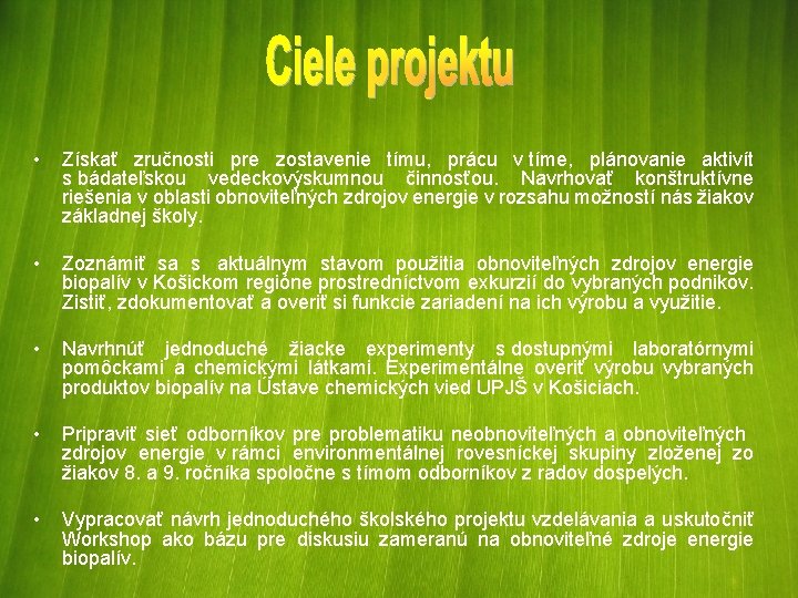  • Získať zručnosti pre zostavenie tímu, prácu v tíme, plánovanie aktivít s bádateľskou