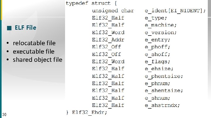 ■ ELF File • relocatable file • executable file • shared object file 30
