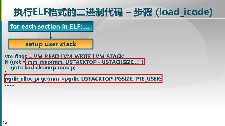 执行ELF格式的二进制代码 – 步骤 (load_icode) for each section in ELF: … setup user stack vm_flags
