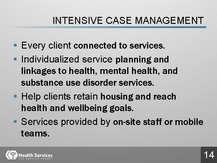 INTENSIVE CASE MANAGEMENT § Every client connected to services. § Individualized service planning and