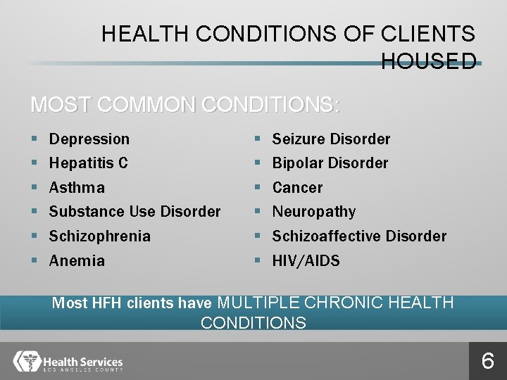 HEALTH CONDITIONS OF CLIENTS HOUSED MOST COMMON CONDITIONS: § § § Depression Hepatitis C