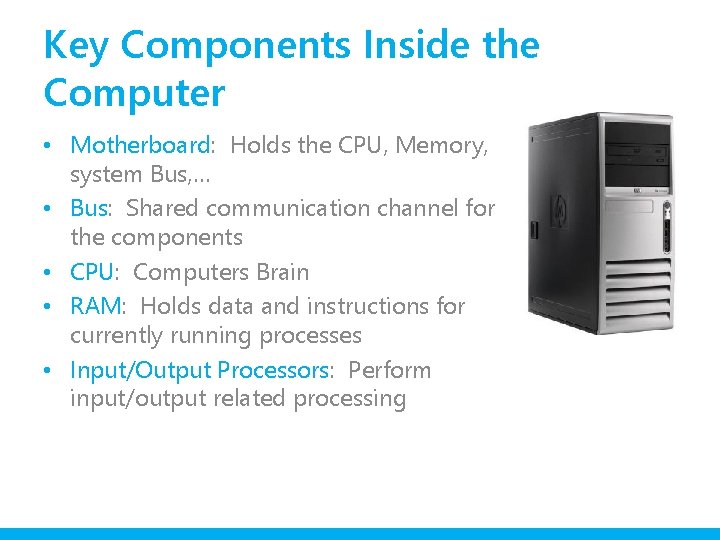 Key Components Inside the Computer • Motherboard: Holds the CPU, Memory, system Bus, …