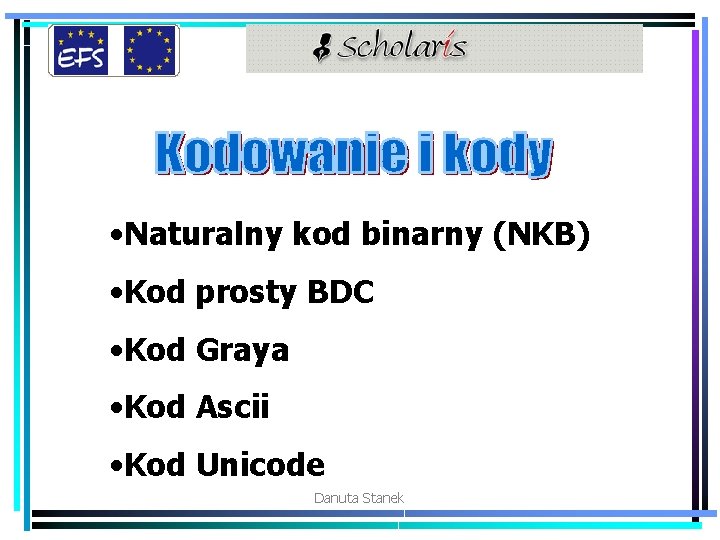  • Naturalny kod binarny (NKB) • Kod prosty BDC • Kod Graya •