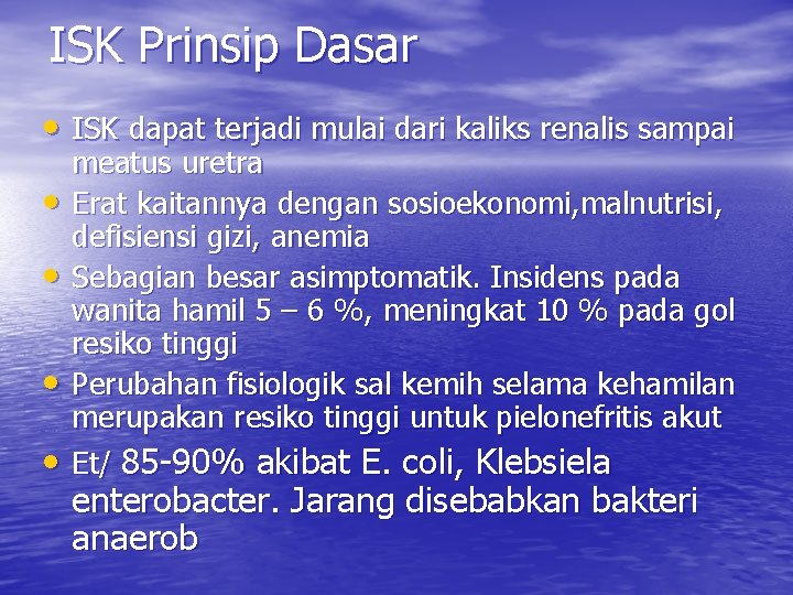 ISK Prinsip Dasar • ISK dapat terjadi mulai dari kaliks renalis sampai • • ISK Prinsip Dasar • ISK dapat terjadi mulai dari kaliks renalis sampai • •