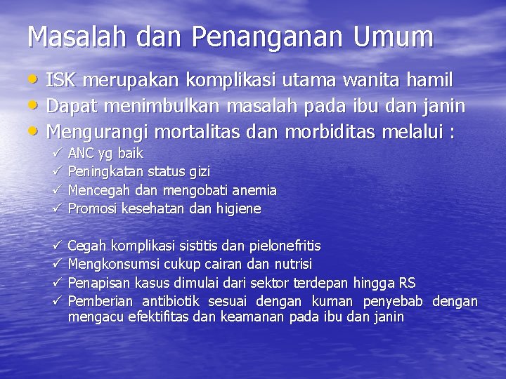Masalah dan Penanganan Umum • ISK merupakan komplikasi utama wanita hamil • Dapat menimbulkan Masalah dan Penanganan Umum • ISK merupakan komplikasi utama wanita hamil • Dapat menimbulkan