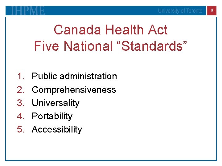 9 Canada Health Act Five National “Standards” 1. 2. 3. 4. 5. Public administration
