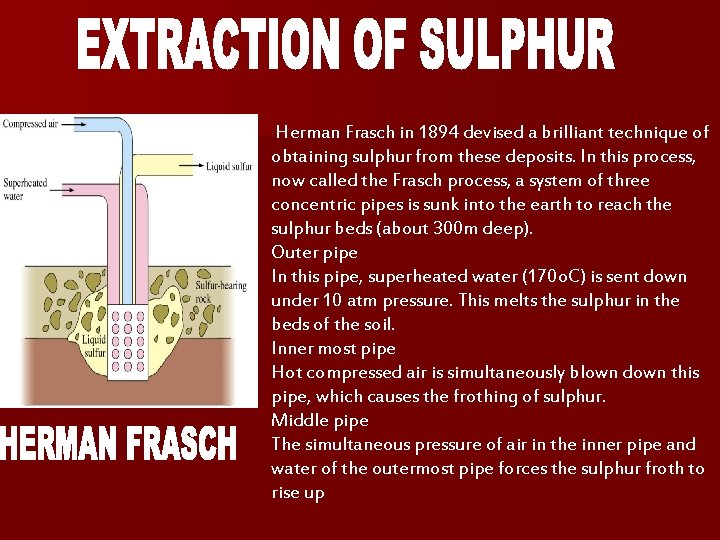 Herman Frasch in 1894 devised a brilliant technique of obtaining sulphur from these Herman Frasch in 1894 devised a brilliant technique of obtaining sulphur from these