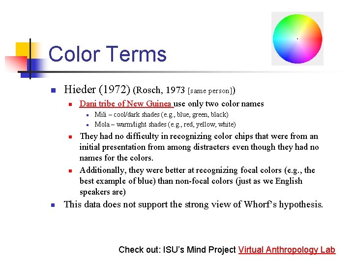 Color Terms n Hieder (1972) (Rosch, 1973 [same person]) n Dani tribe of New