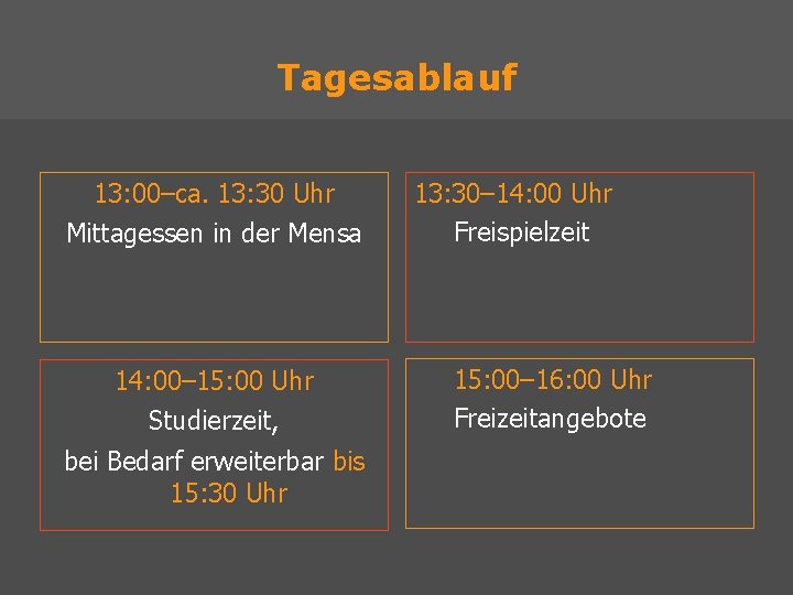 Tagesablauf 13: 00–ca. 13: 30 Uhr Mittagessen in der Mensa 14: 00– 15: 00