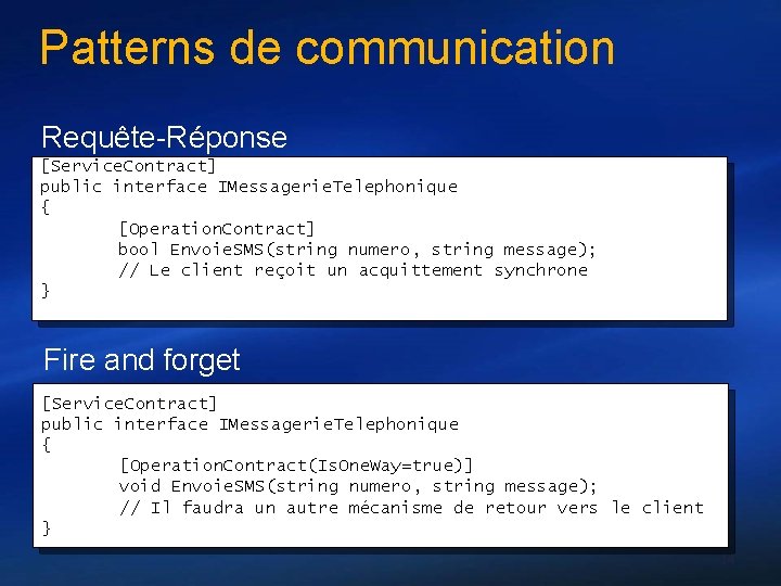 Patterns de communication Requête-Réponse [Service. Contract] public interface IMessagerie. Telephonique { [Operation. Contract] bool