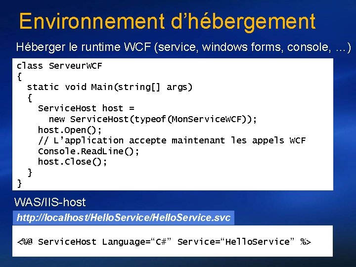 Environnement d’hébergement Héberger le runtime WCF (service, windows forms, console, …) class Serveur. WCF