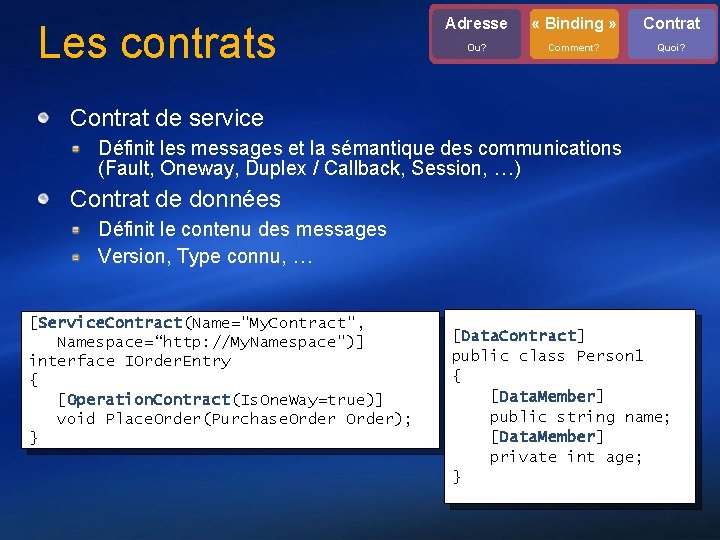 Les contrats Adresse « Binding » Contrat Ou? Comment? Quoi? Contrat de service Définit