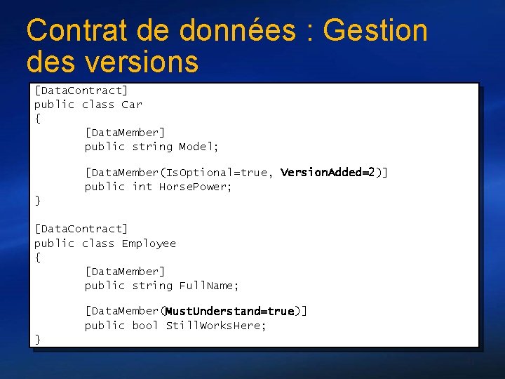 Contrat de données : Gestion des versions [Data. Contract] public class Car { [Data.