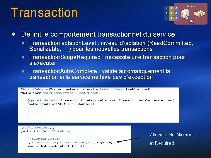 Transaction A B C Service Bv Définit le comportement transactionnel du service Transaction. Isolation.