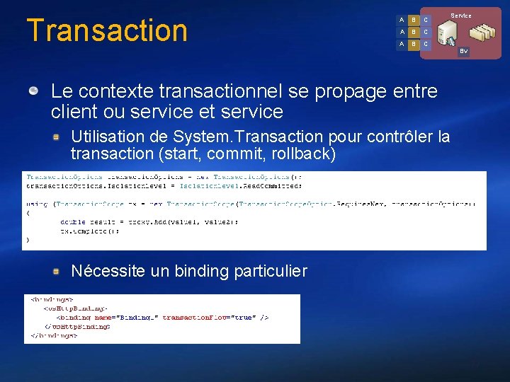 Transaction A B C Service Bv Le contexte transactionnel se propage entre client ou