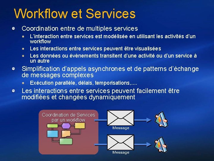 Workflow et Services Coordination entre de multiples services L’interaction entre services est modélisée en