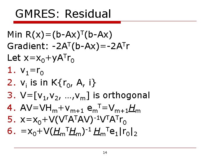 GMRES: Residual Min R(x)=(b-Ax)T(b-Ax) Gradient: -2 AT(b-Ax)=-2 ATr Let x=x 0+y. ATr 0 1. GMRES: Residual Min R(x)=(b-Ax)T(b-Ax) Gradient: -2 AT(b-Ax)=-2 ATr Let x=x 0+y. ATr 0 1.