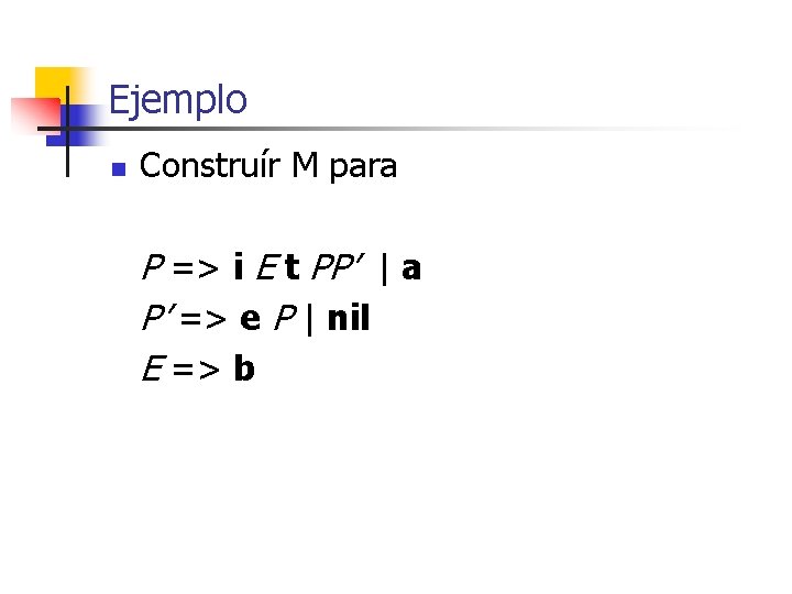 Ejemplo n Construír M para P => i E t PP’ | a P’