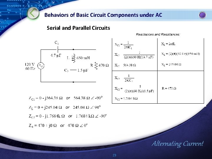 Behaviors of Basic Circuit Components under AC Serial and Parallel Circuits Alternating Current 23