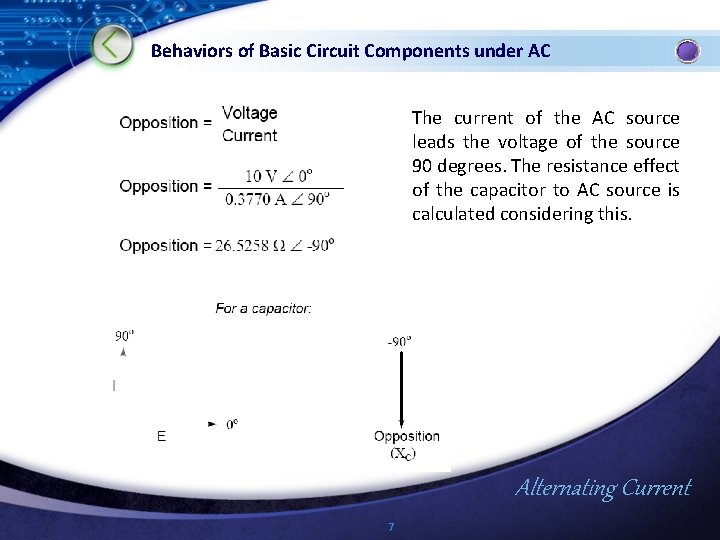 Behaviors of Basic Circuit Components under AC The current of the AC source leads