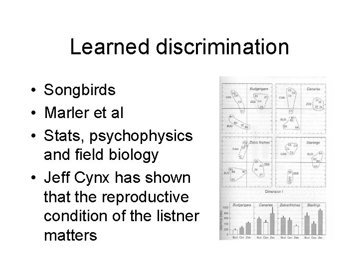 Learned discrimination • Songbirds • Marler et al • Stats, psychophysics and field biology