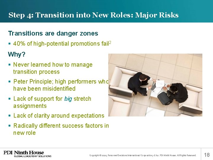 Step 4: Transition into New Roles: Major Risks Transitions are danger zones § 40%