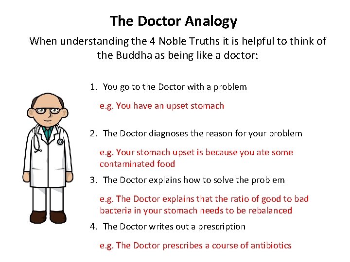 The Doctor Analogy When understanding the 4 Noble Truths it is helpful to think