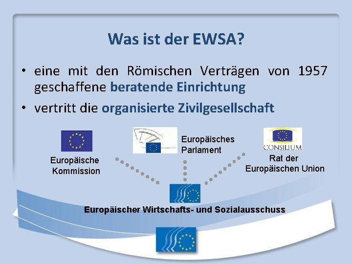 Was ist der EWSA? • eine mit den Römischen Verträgen von 1957 geschaffene beratende