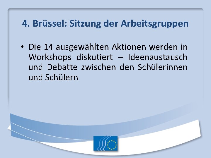 4. Brüssel: Sitzung der Arbeitsgruppen • Die 14 ausgewählten Aktionen werden in Workshops diskutiert