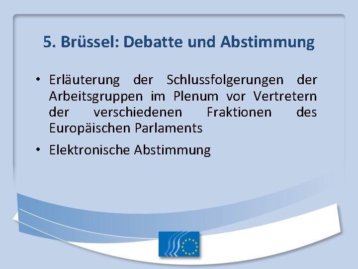 5. Brüssel: Debatte und Abstimmung • Erläuterung der Schlussfolgerungen der Arbeitsgruppen im Plenum vor 5. Brüssel: Debatte und Abstimmung • Erläuterung der Schlussfolgerungen der Arbeitsgruppen im Plenum vor