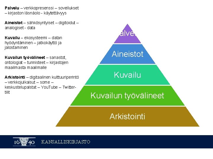 Palvelu – verkkopresenssi – sovellukset – kirjaston läsnäolo - käytettävyys Aineistot – sähkösyntyiset – Palvelu – verkkopresenssi – sovellukset – kirjaston läsnäolo - käytettävyys Aineistot – sähkösyntyiset –