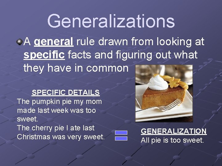 Generalizations A general rule drawn from looking at specific facts and figuring out what