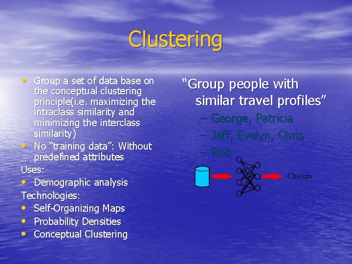 Clustering • Group a set of data base on the conceptual clustering principle(i. e.