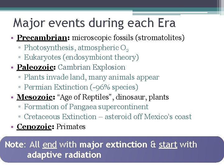 Major events during each Era • Precambrian: microscopic fossils (stromatolites) ▫ Photosynthesis, atmospheric O