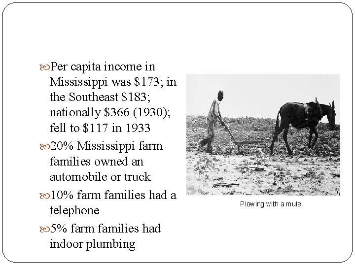  Per capita income in Mississippi was $173; in the Southeast $183; nationally $366