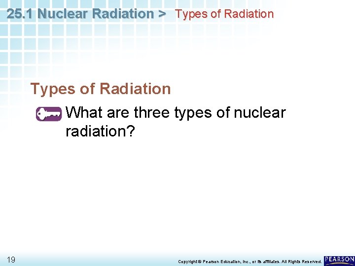 25. 1 Nuclear Radiation > Types of Radiation What are three types of nuclear