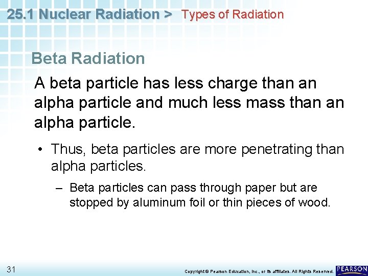 25. 1 Nuclear Radiation > Types of Radiation Beta Radiation A beta particle has