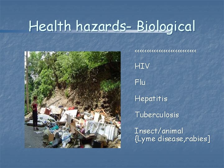 Health hazards- Biological <<<<<<<<<<<<< HIV Flu Hepatitis Tuberculosis Insect/animal {Lyme disease, rabies] 