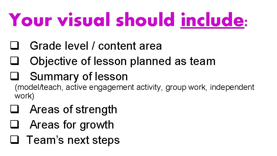 Your visual should include: q Grade level / content area q Objective of lesson Your visual should include: q Grade level / content area q Objective of lesson