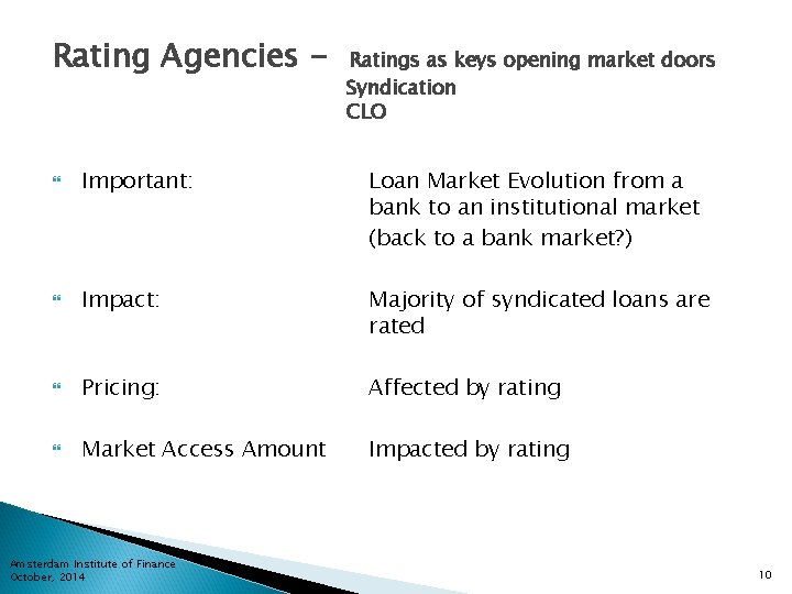 Rating Agencies - Ratings as keys opening market doors Syndication CLO Important: Loan Market