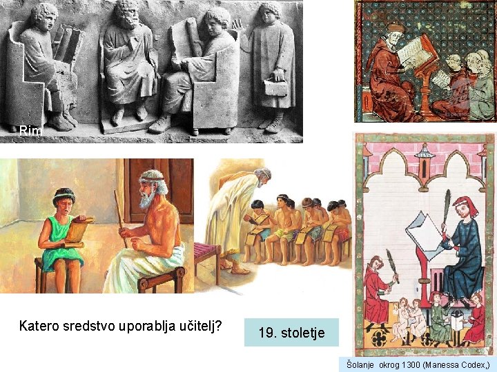 Rim Katero sredstvo uporablja učitelj? 19. stoletje Šolanje okrog 1300 (Manessa Codex, ) 