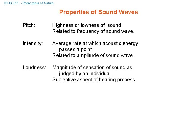 ISNS 3371 - Phenomena of Nature Properties of Sound Waves Pitch: Highness or lowness