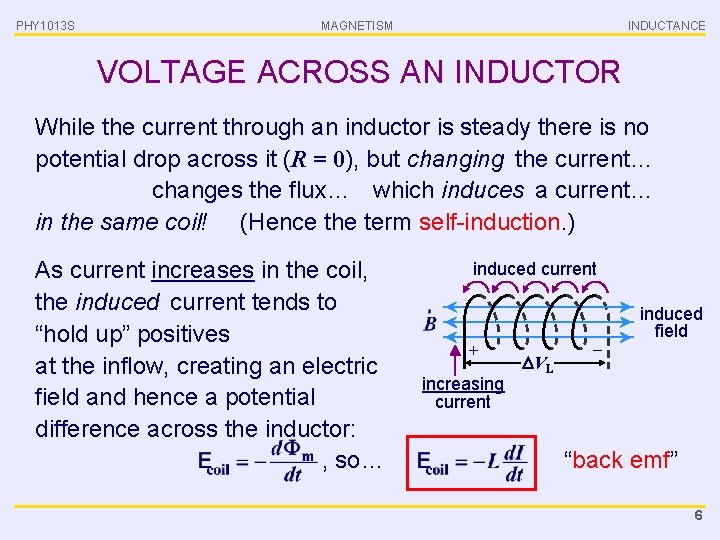 PHY 1013 S MAGNETISM INDUCTANCE VOLTAGE ACROSS AN INDUCTOR While the current through an