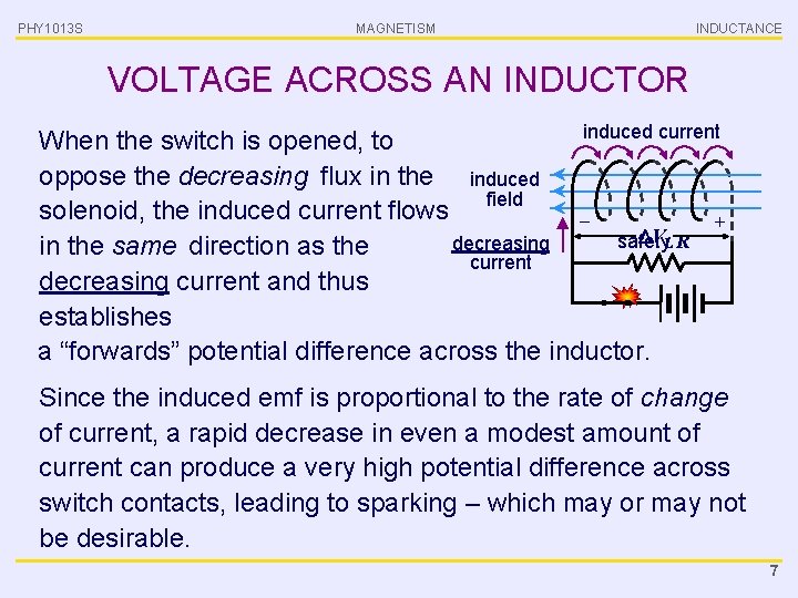 PHY 1013 S MAGNETISM INDUCTANCE VOLTAGE ACROSS AN INDUCTOR induced current When the switch