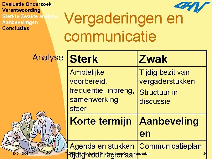 Evaluatie Onderzoek Verantwoording Sterkte-Zwakte analyse Aanbevelingen Conclusies Analyse Vergaderingen en communicatie Sterk Zwak Ambtelijke