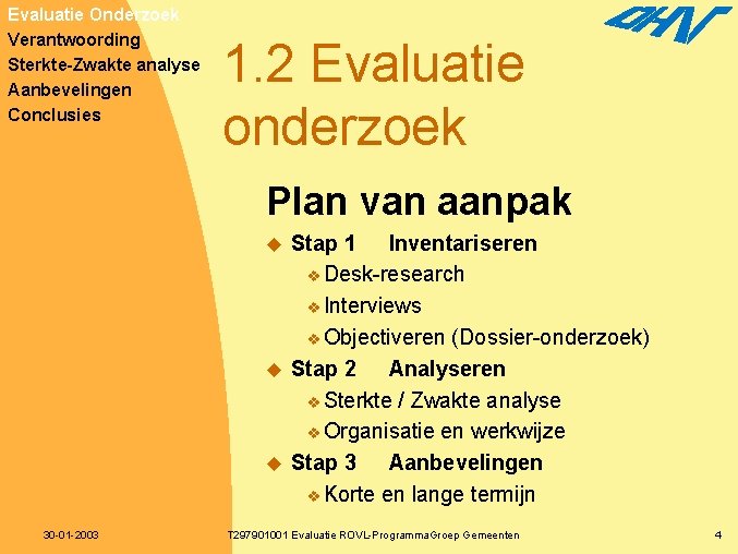 Evaluatie Onderzoek Verantwoording Sterkte-Zwakte analyse Aanbevelingen Conclusies 1. 2 Evaluatie onderzoek Plan van aanpak