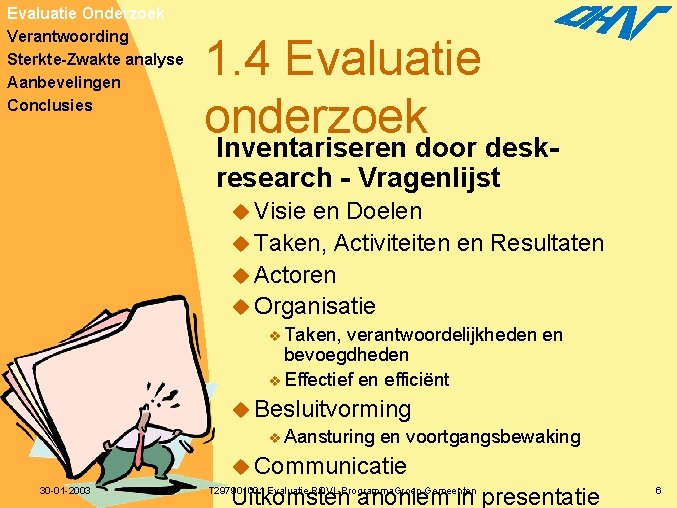 Evaluatie Onderzoek Verantwoording Sterkte-Zwakte analyse Aanbevelingen Conclusies 1. 4 Evaluatie onderzoek Inventariseren door deskresearch