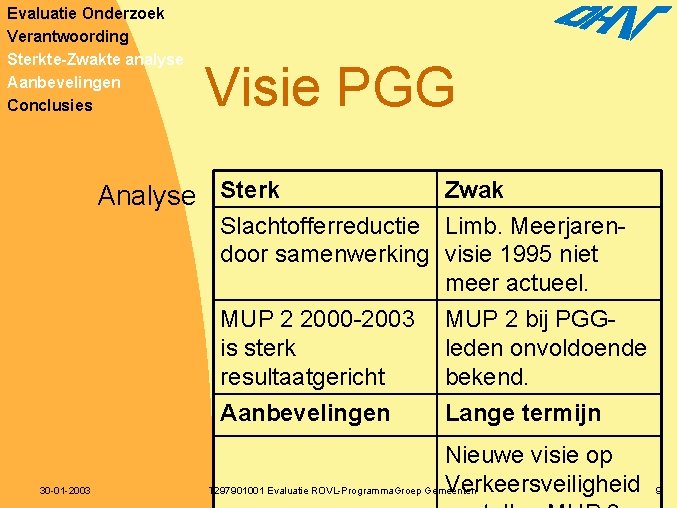 Evaluatie Onderzoek Verantwoording Sterkte-Zwakte analyse Aanbevelingen Conclusies Visie PGG Analyse Sterk Zwak Slachtofferreductie Limb.