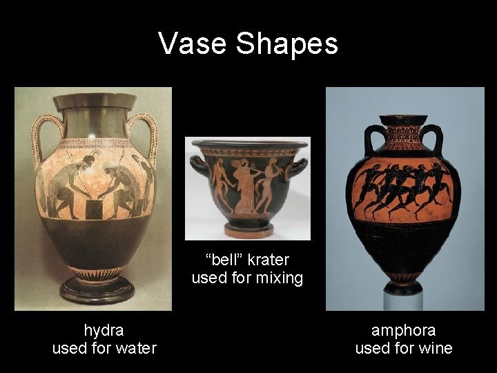 Vase Shapes “bell” krater used for mixing hydra used for water amphora used for